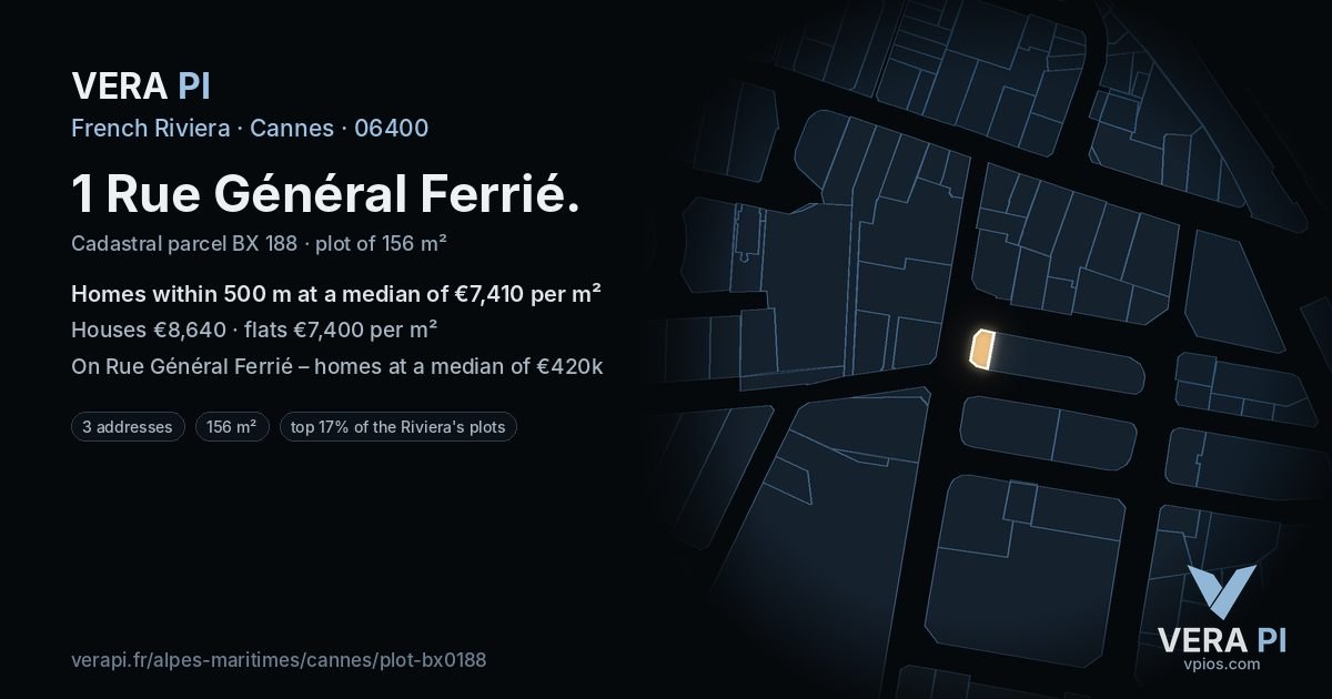 1 Rue Général Ferrié, Cannes at night – the plot lit, the parcels around coloured by the prices near them