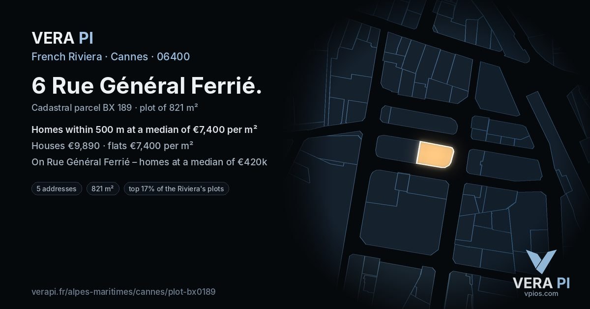 6 Rue Général Ferrié, Cannes at night – the plot lit, the parcels around coloured by the prices near them