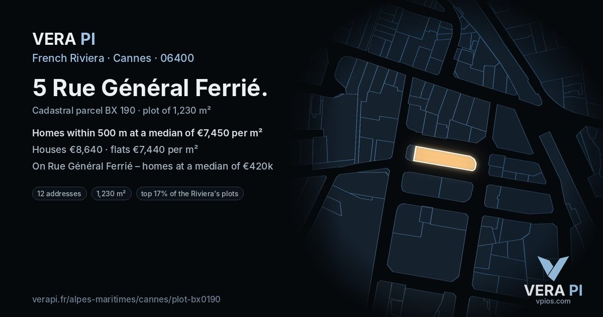 5 Rue Général Ferrié, Cannes at night – the plot lit, the parcels around coloured by the prices near them