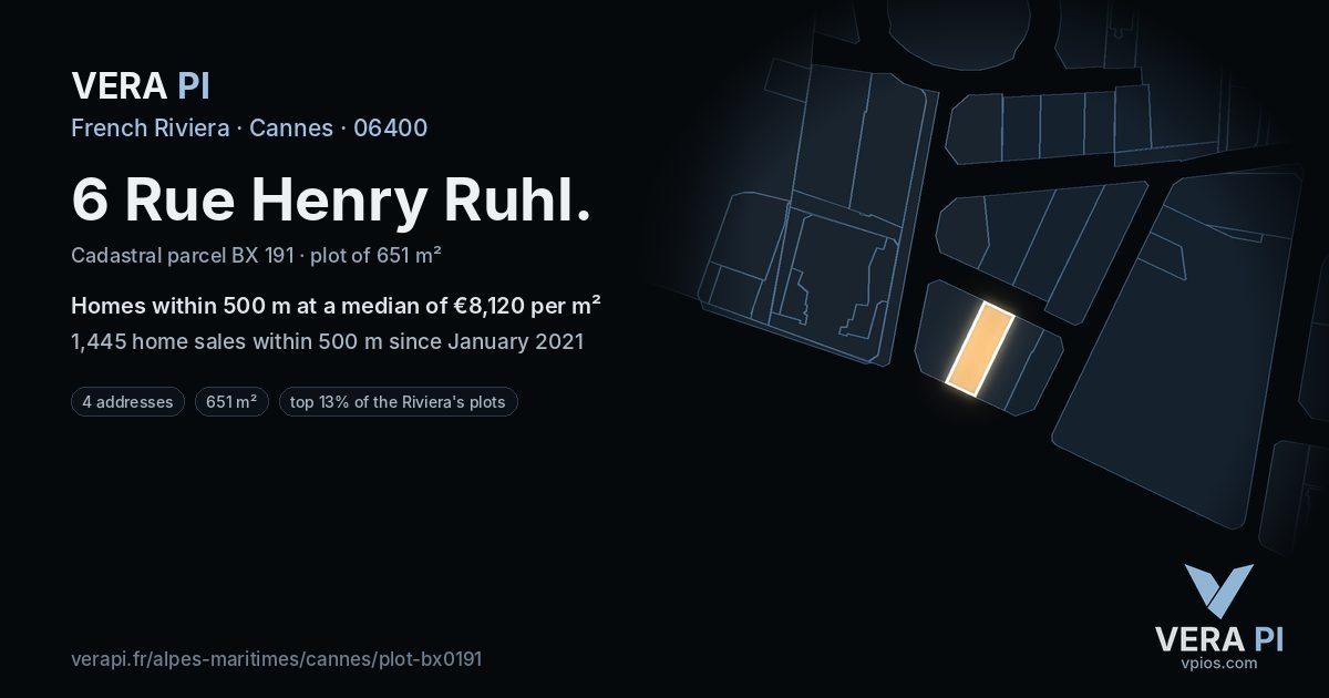 6 Rue Henry Ruhl, Cannes at night – the plot lit, the parcels around coloured by the prices near them