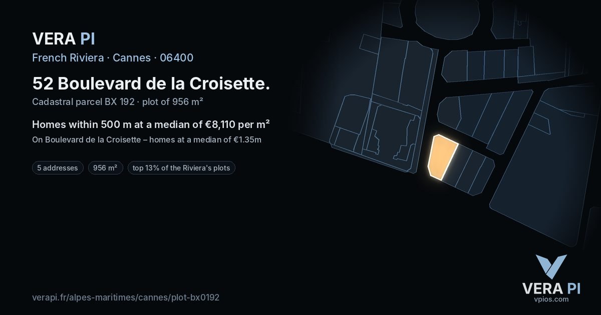 52 Boulevard de la Croisette, Cannes at night – the plot lit, the parcels around coloured by the prices near them