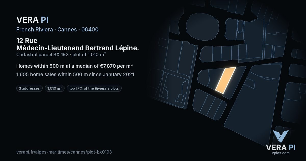 12 Rue Médecin-Lieutenand Bertrand Lépine, Cannes at night – the plot lit, the parcels around coloured by the prices near them