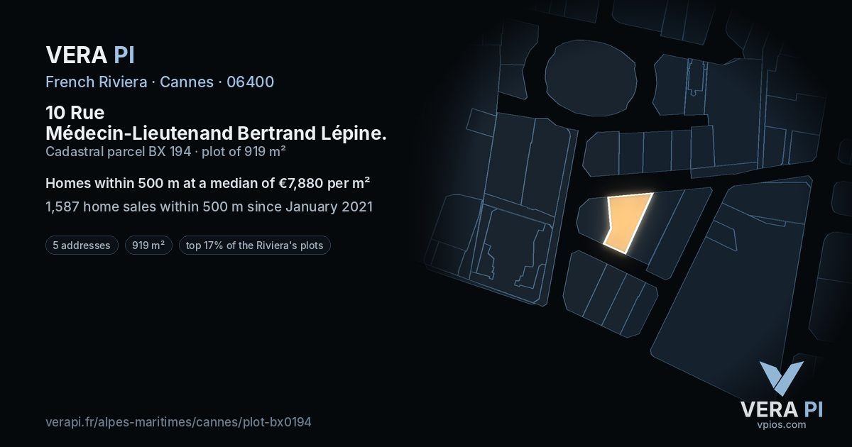 10 Rue Médecin-Lieutenand Bertrand Lépine, Cannes at night – the plot lit, the parcels around coloured by the prices near them