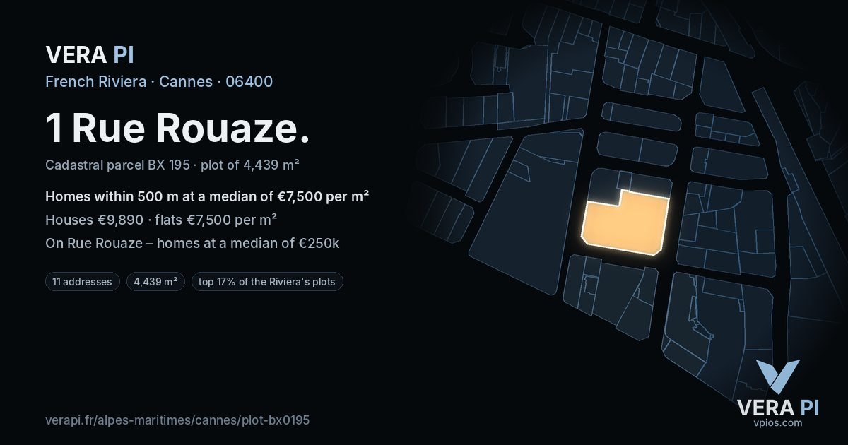1 Rue Rouaze, Cannes at night – the plot lit, the parcels around coloured by the prices near them