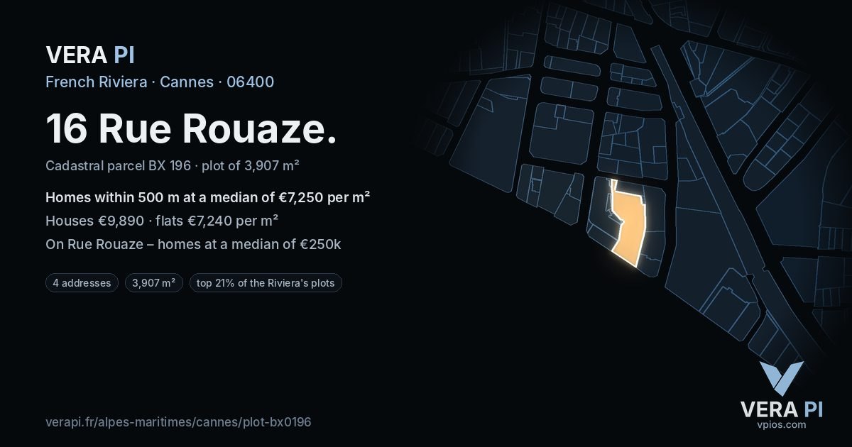 16 Rue Rouaze, Cannes at night – the plot lit, the parcels around coloured by the prices near them