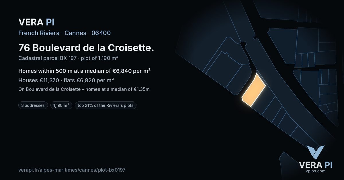 76 Boulevard de la Croisette, Cannes at night – the plot lit, the parcels around coloured by the prices near them