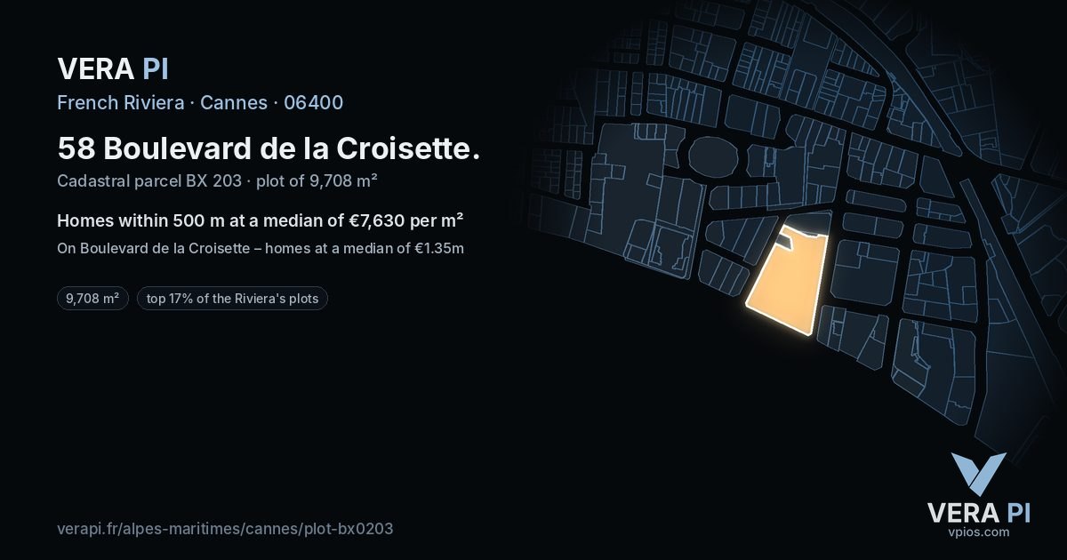 58 Boulevard de la Croisette, Cannes at night – the plot lit, the parcels around coloured by the prices near them