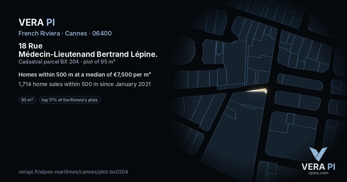 18 Rue Médecin-Lieutenand Bertrand Lépine, Cannes at night – the plot lit, the parcels around coloured by the prices near them