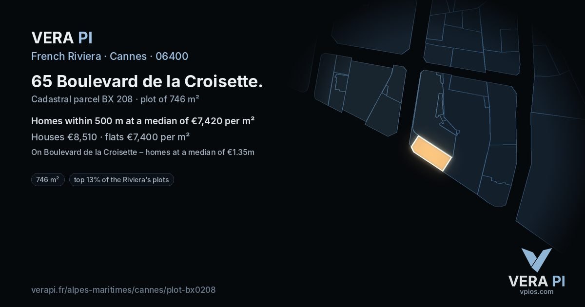 65 Boulevard de la Croisette, Cannes at night – the plot lit, the parcels around coloured by the prices near them