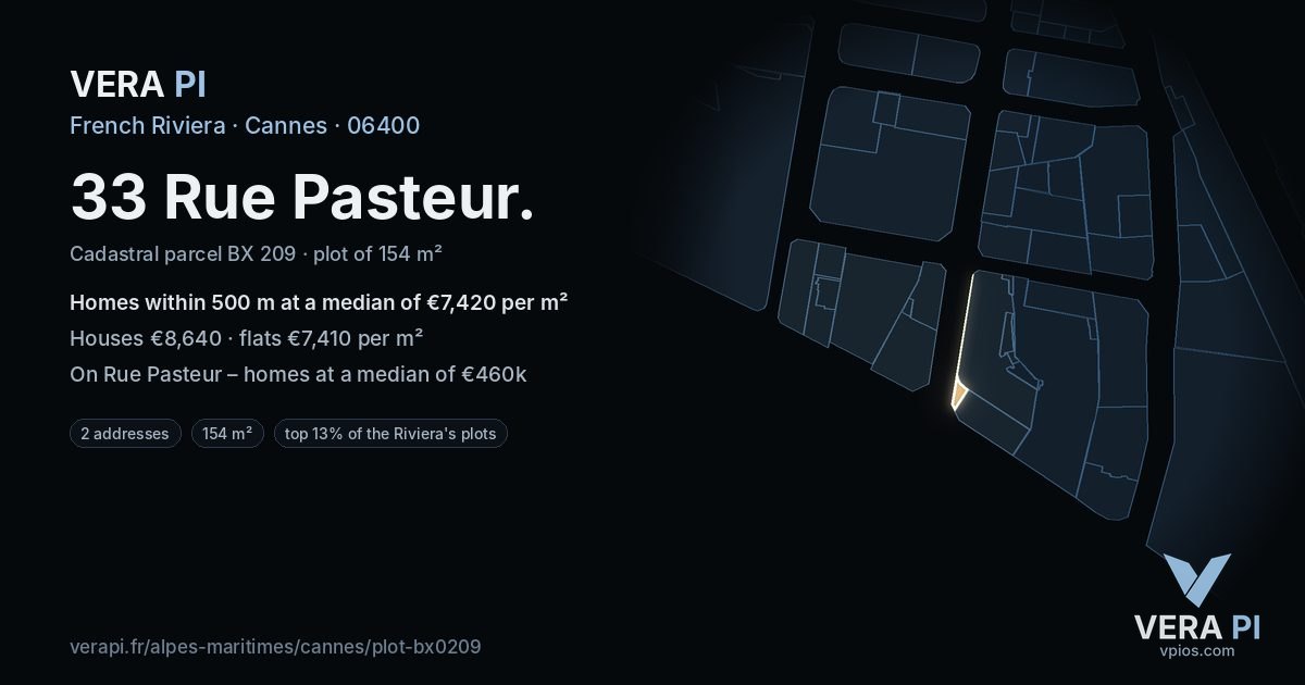 33 Rue Pasteur, Cannes at night – the plot lit, the parcels around coloured by the prices near them
