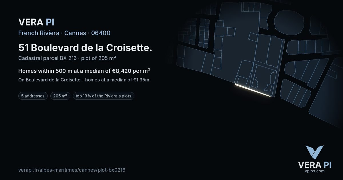 51 Boulevard de la Croisette, Cannes at night – the plot lit, the parcels around coloured by the prices near them