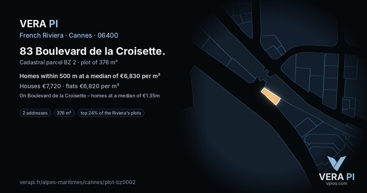 83 Boulevard de la Croisette, Cannes at night – the plot lit, the parcels around coloured by the prices near them