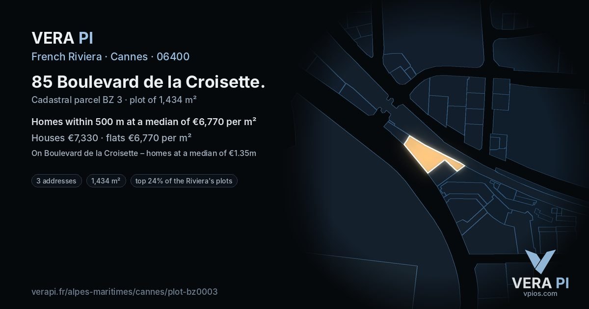 85 Boulevard de la Croisette, Cannes at night – the plot lit, the parcels around coloured by the prices near them