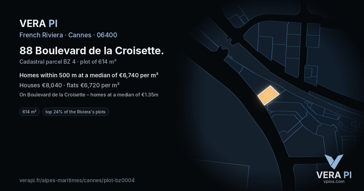 88 Boulevard de la Croisette, Cannes at night – the plot lit, the parcels around coloured by the prices near them