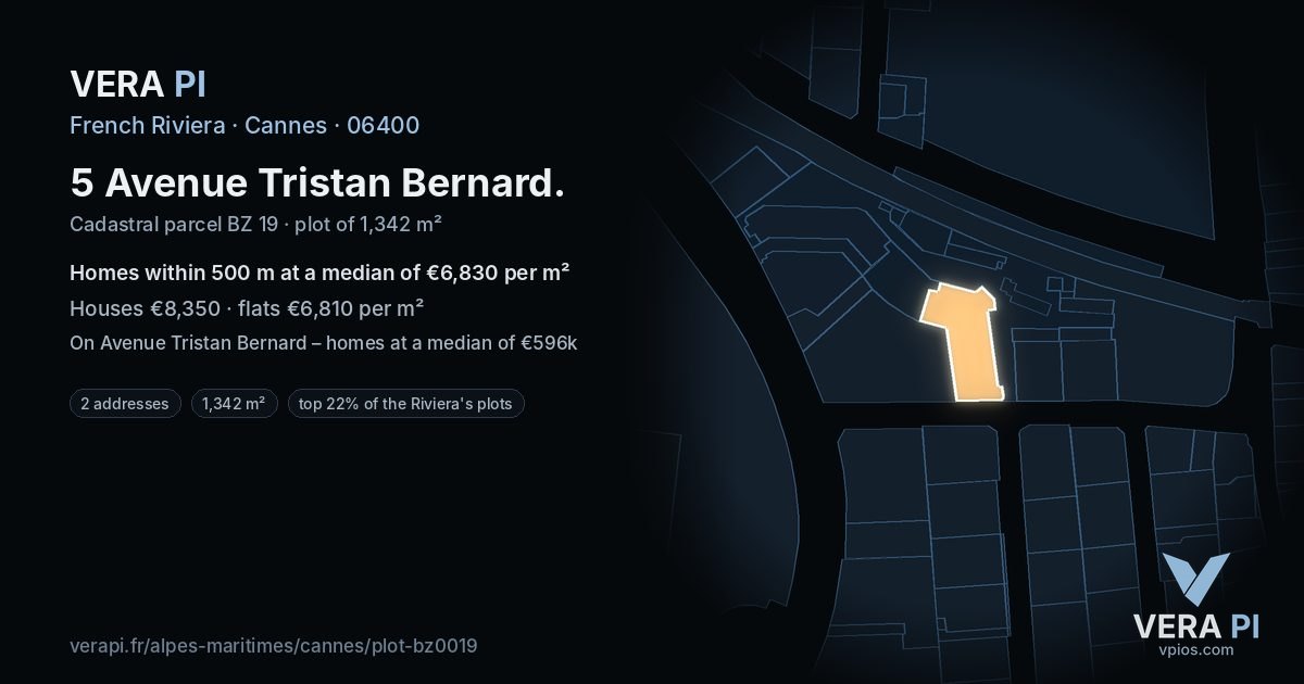 5 Avenue Tristan Bernard, Cannes at night – the plot lit, the parcels around coloured by the prices near them