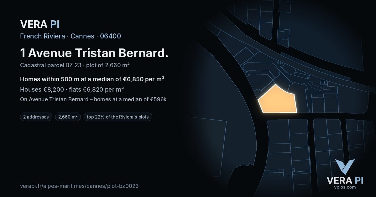 1 Avenue Tristan Bernard, Cannes at night – the plot lit, the parcels around coloured by the prices near them