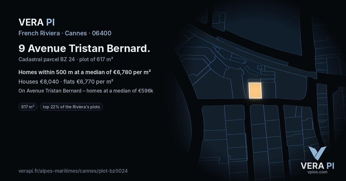 9 Avenue Tristan Bernard, Cannes at night – the plot lit, the parcels around coloured by the prices near them