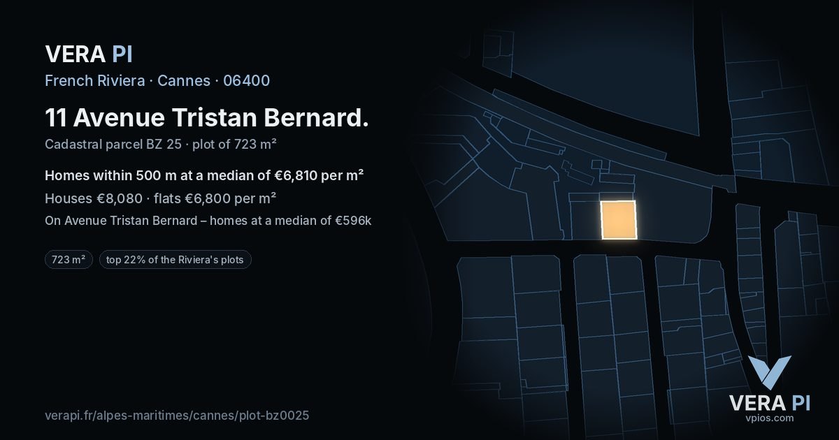 11 Avenue Tristan Bernard, Cannes at night – the plot lit, the parcels around coloured by the prices near them