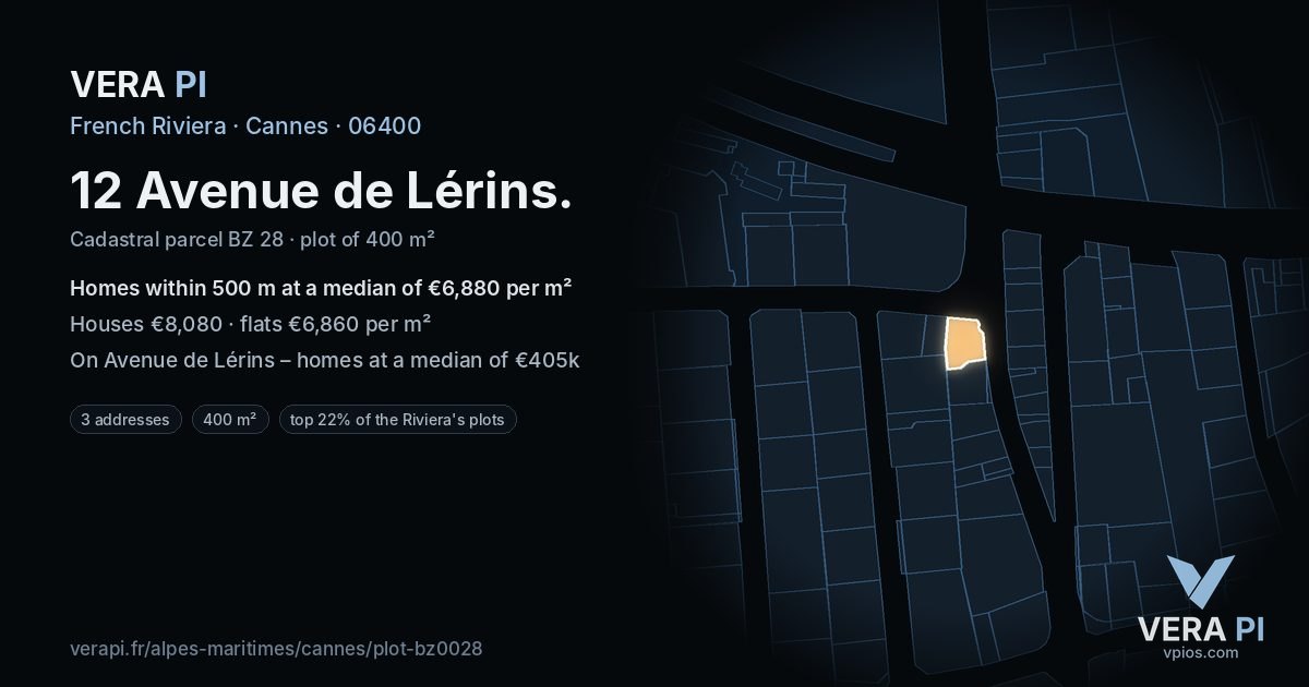 12 Avenue de Lérins, Cannes at night – the plot lit, the parcels around coloured by the prices near them
