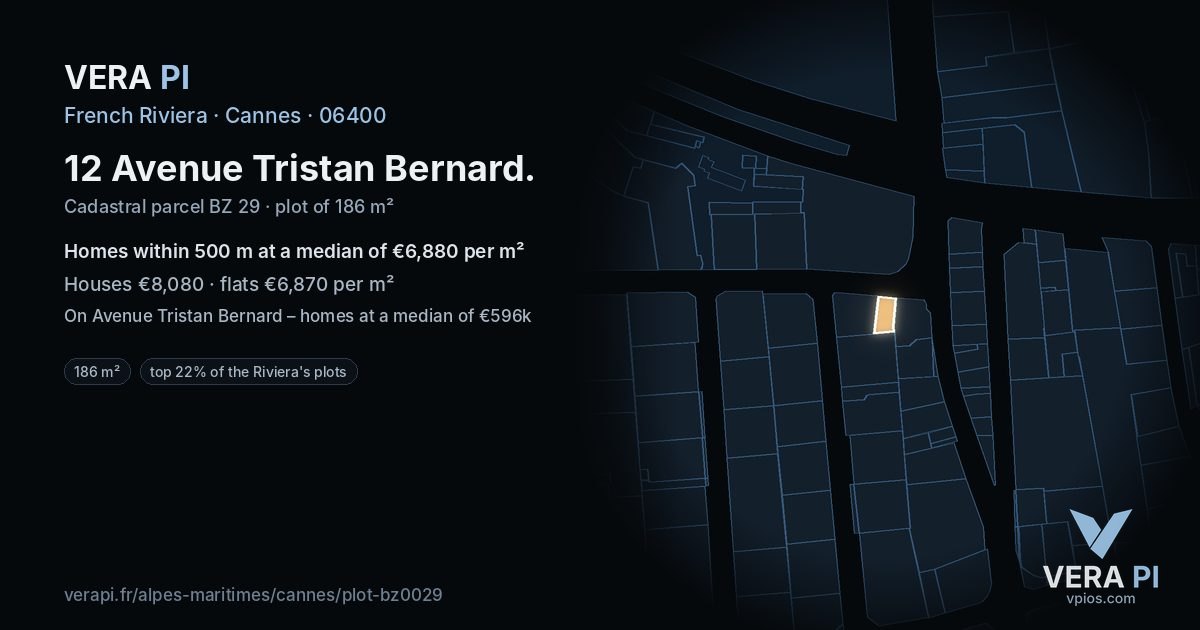 12 Avenue Tristan Bernard, Cannes at night – the plot lit, the parcels around coloured by the prices near them