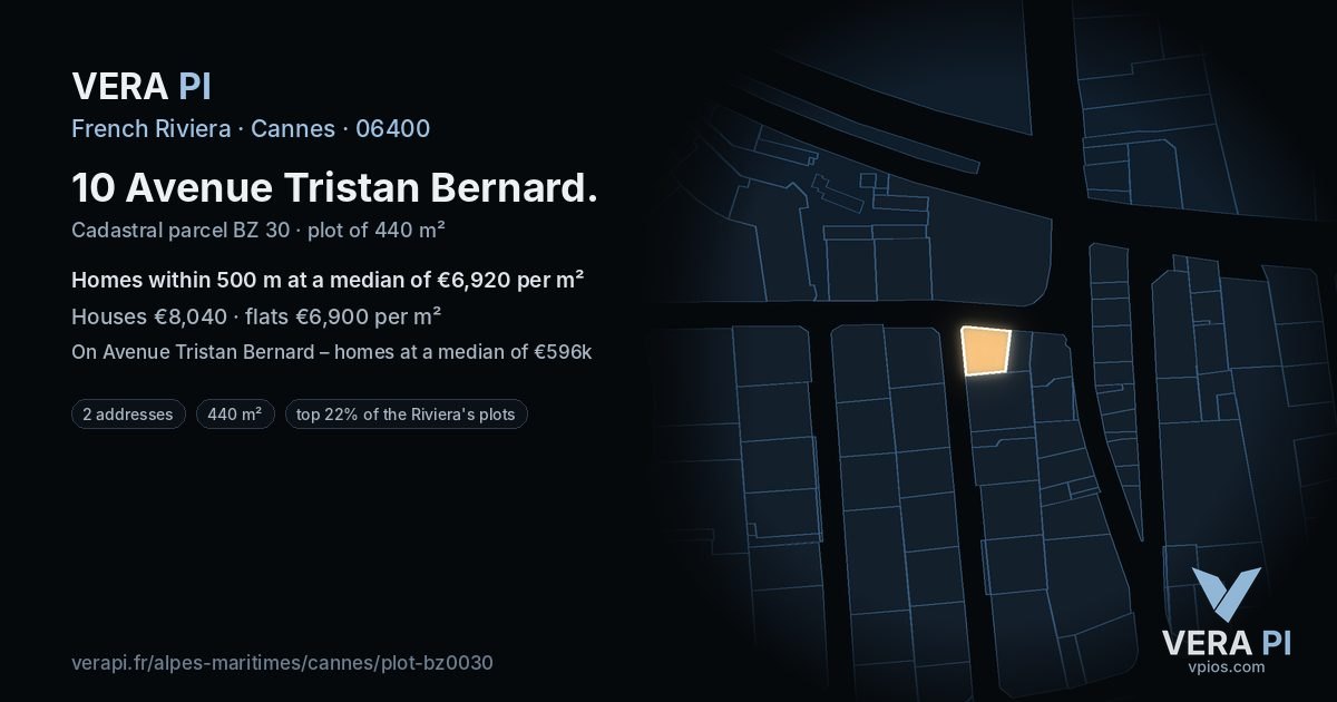 10 Avenue Tristan Bernard, Cannes at night – the plot lit, the parcels around coloured by the prices near them