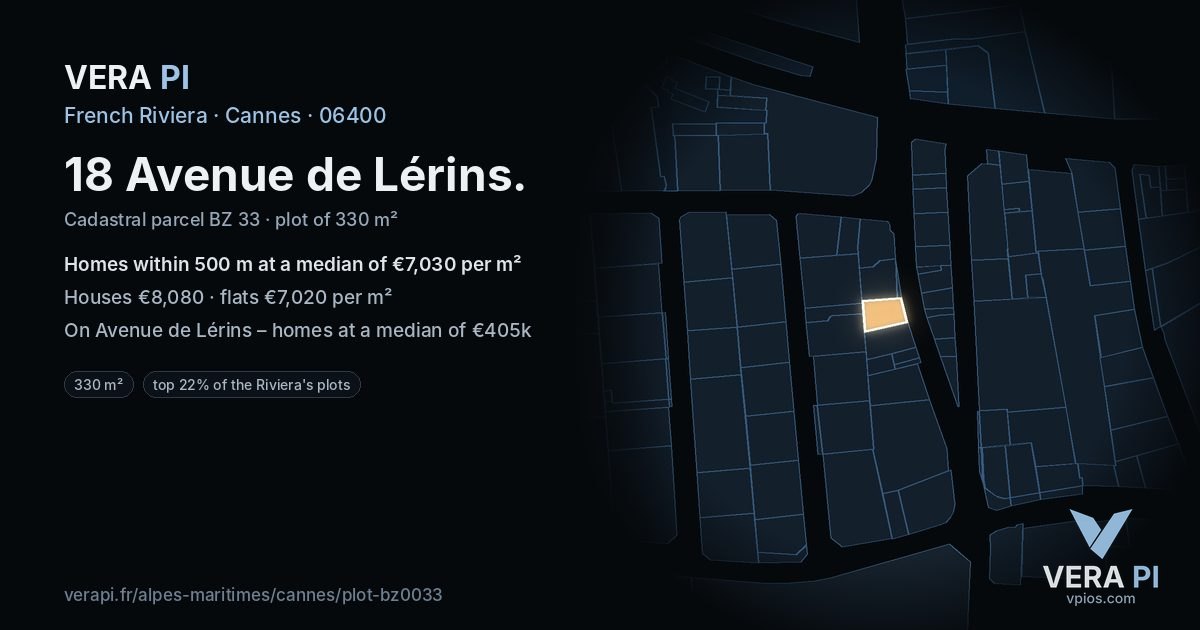 18 Avenue de Lérins, Cannes at night – the plot lit, the parcels around coloured by the prices near them