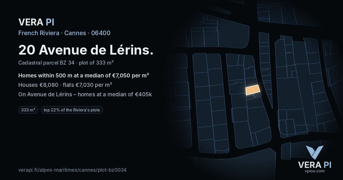 20 Avenue de Lérins, Cannes at night – the plot lit, the parcels around coloured by the prices near them