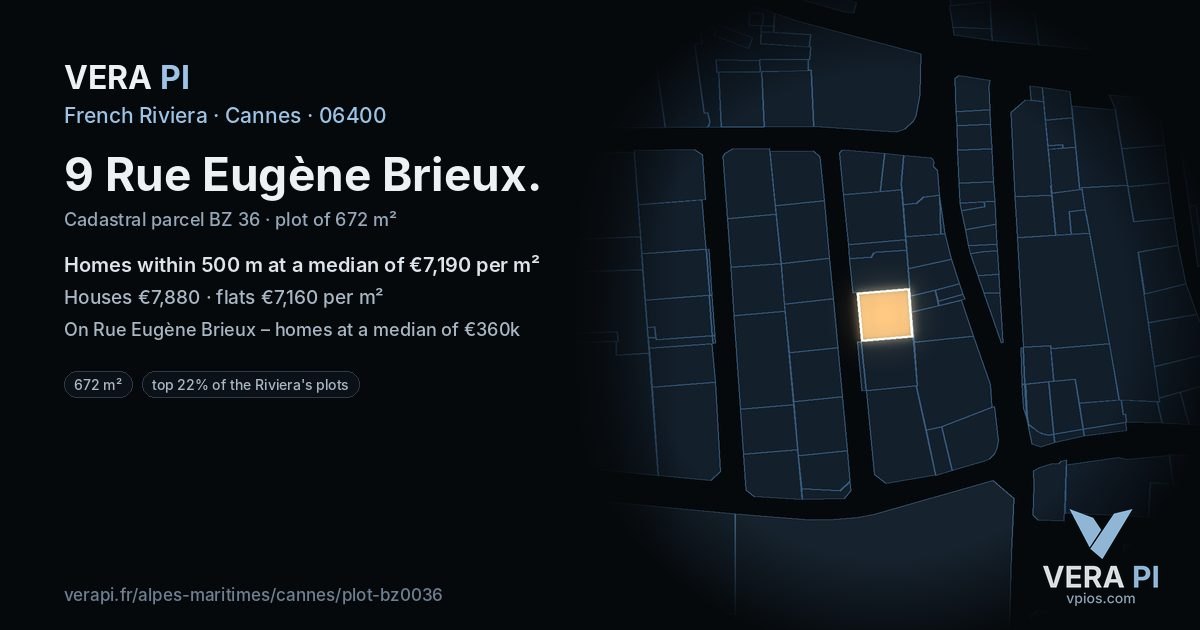 9 Rue Eugène Brieux, Cannes at night – the plot lit, the parcels around coloured by the prices near them