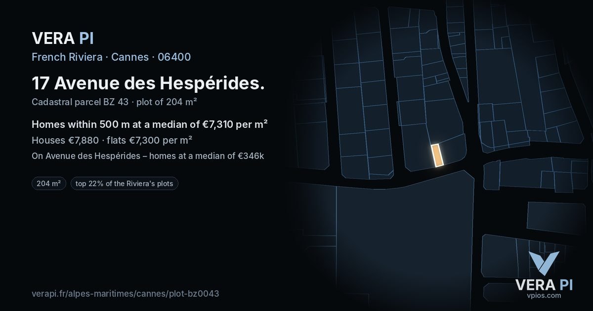 17 Avenue des Hespérides, Cannes at night – the plot lit, the parcels around coloured by the prices near them