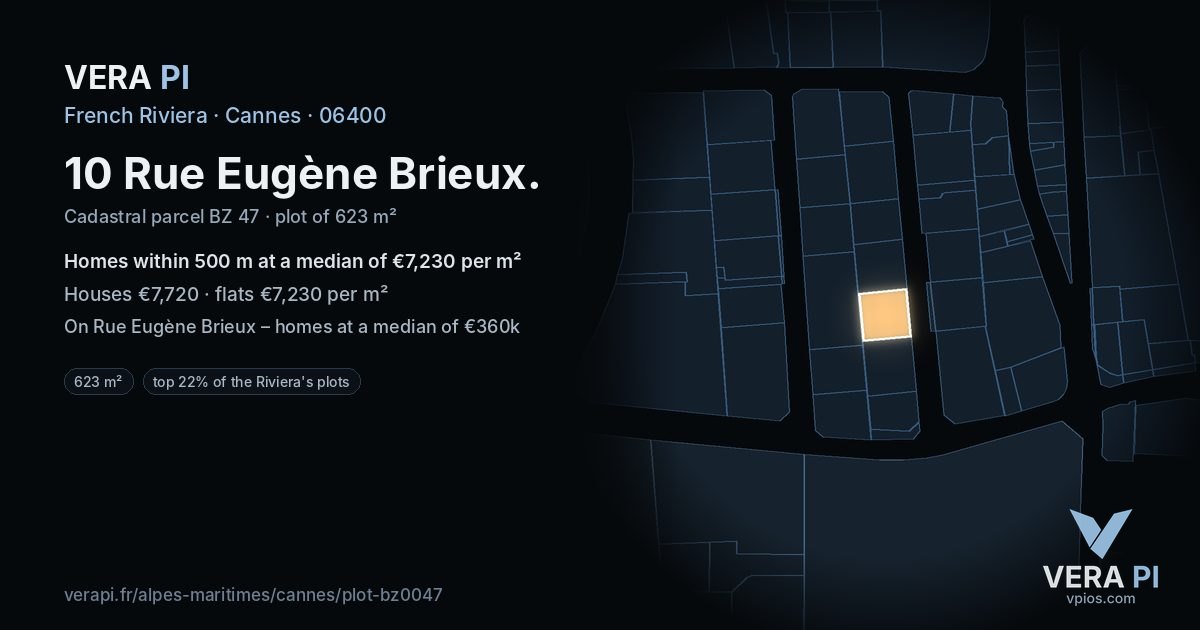 10 Rue Eugène Brieux, Cannes at night – the plot lit, the parcels around coloured by the prices near them