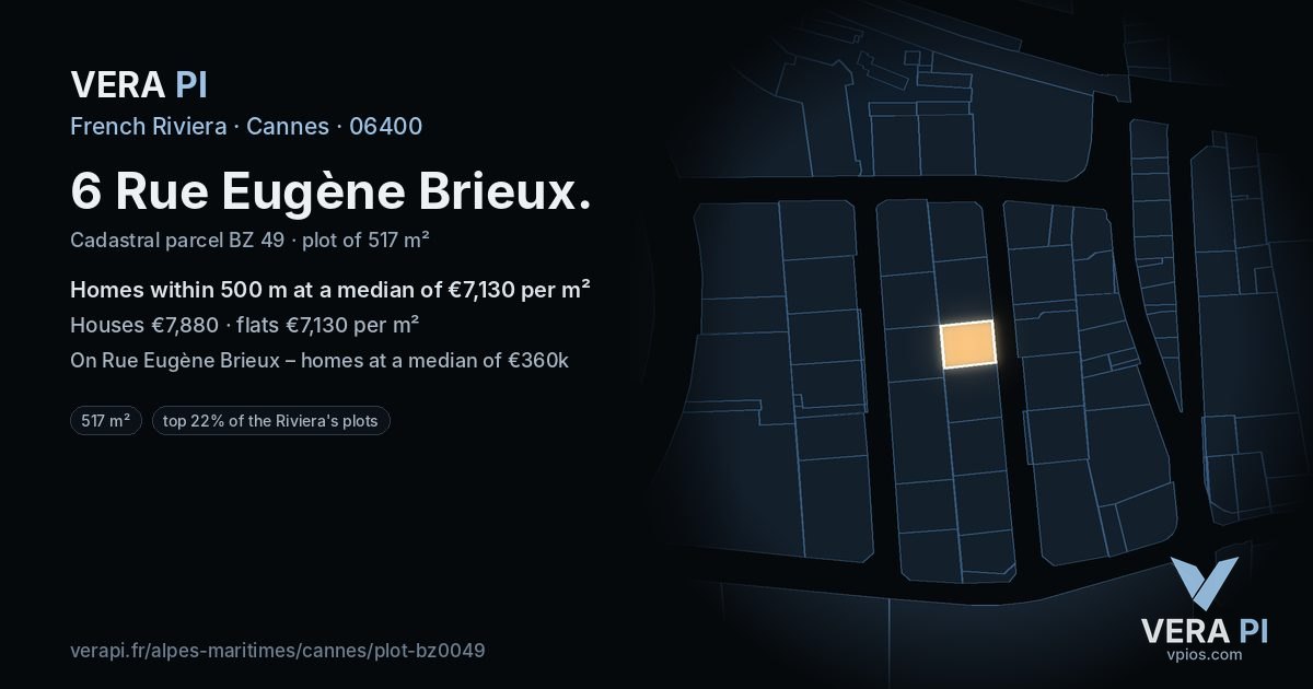 6 Rue Eugène Brieux, Cannes at night – the plot lit, the parcels around coloured by the prices near them