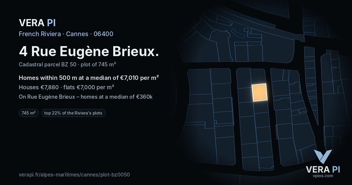 4 Rue Eugène Brieux, Cannes at night – the plot lit, the parcels around coloured by the prices near them