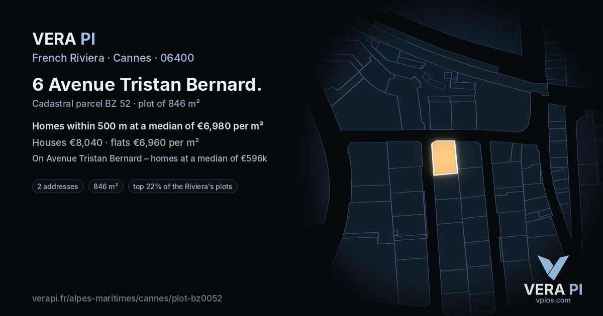 6 Avenue Tristan Bernard, Cannes at night – the plot lit, the parcels around coloured by the prices near them