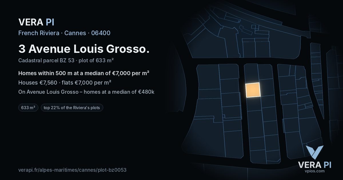 3 Avenue Louis Grosso, Cannes at night – the plot lit, the parcels around coloured by the prices near them