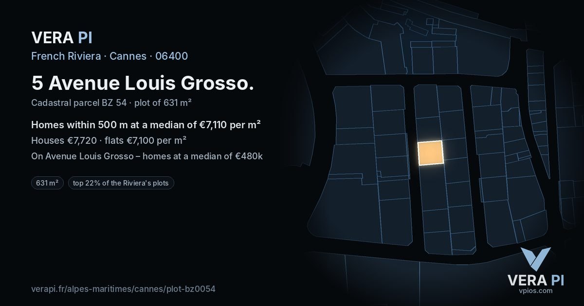 5 Avenue Louis Grosso, Cannes at night – the plot lit, the parcels around coloured by the prices near them