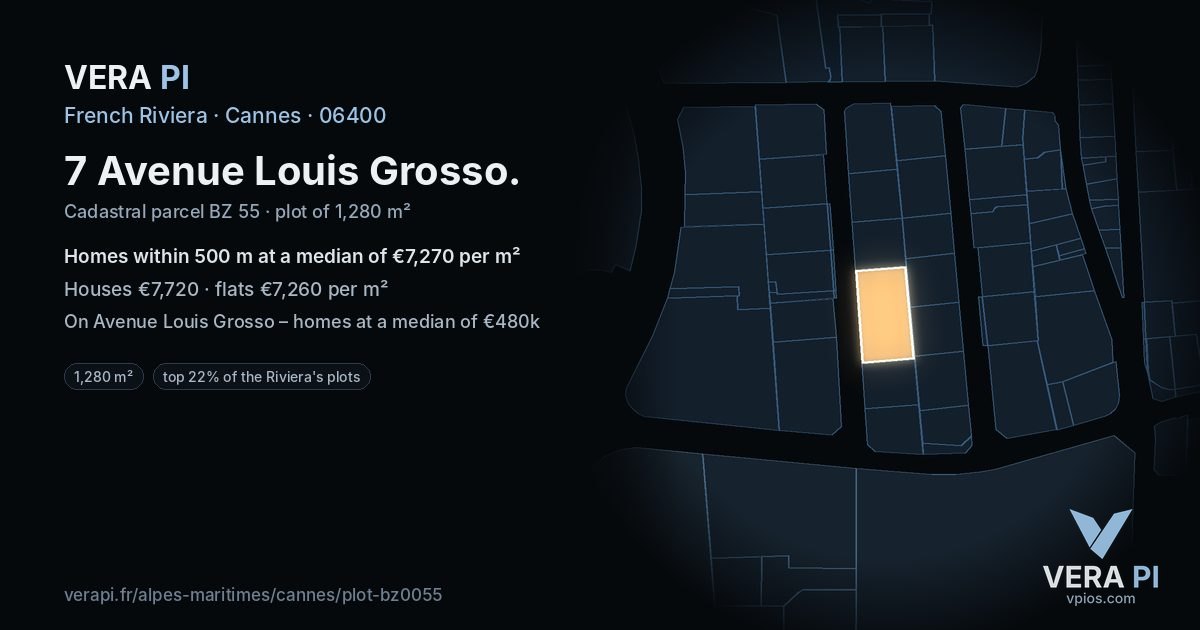7 Avenue Louis Grosso, Cannes at night – the plot lit, the parcels around coloured by the prices near them