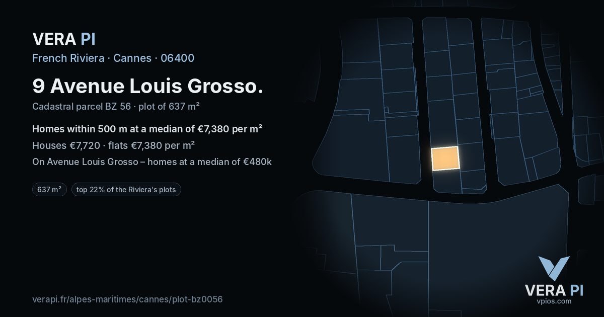 9 Avenue Louis Grosso, Cannes at night – the plot lit, the parcels around coloured by the prices near them