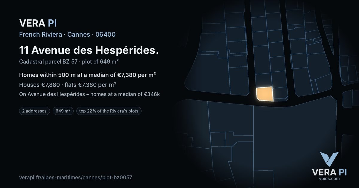 11 Avenue des Hespérides, Cannes at night – the plot lit, the parcels around coloured by the prices near them