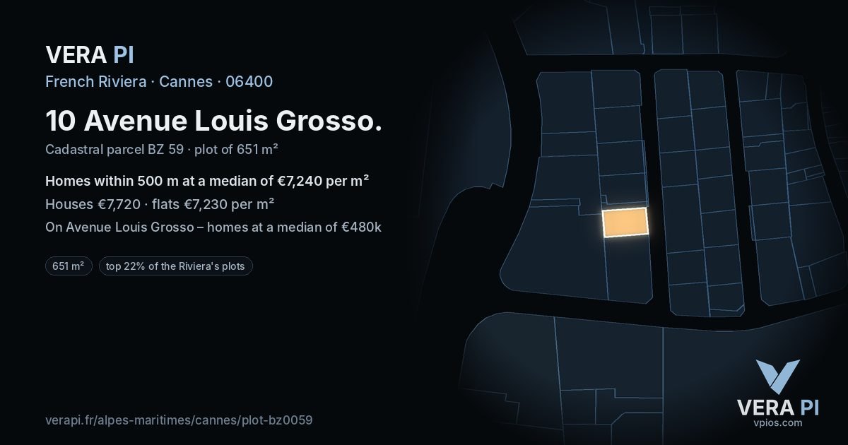 10 Avenue Louis Grosso, Cannes at night – the plot lit, the parcels around coloured by the prices near them