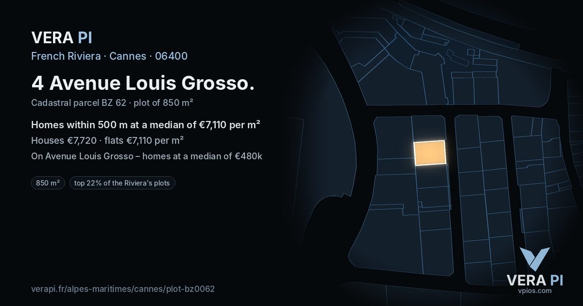 4 Avenue Louis Grosso, Cannes at night – the plot lit, the parcels around coloured by the prices near them