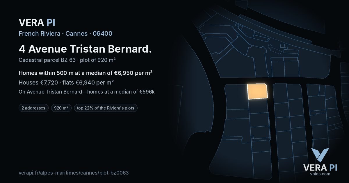 4 Avenue Tristan Bernard, Cannes at night – the plot lit, the parcels around coloured by the prices near them