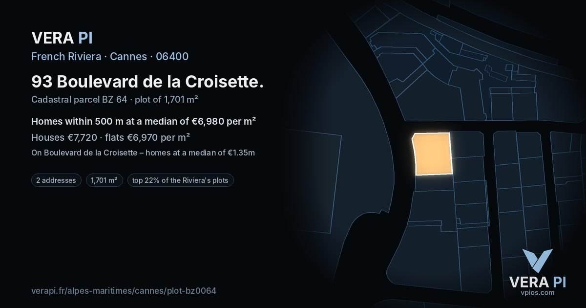 93 Boulevard de la Croisette, Cannes at night – the plot lit, the parcels around coloured by the prices near them