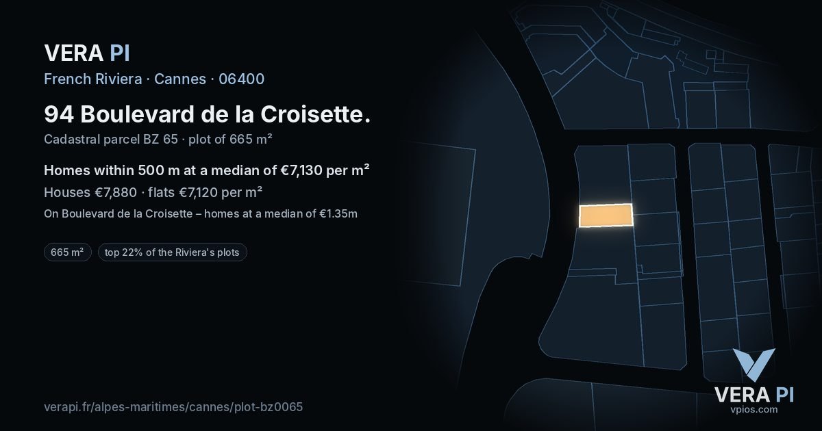 94 Boulevard de la Croisette, Cannes at night – the plot lit, the parcels around coloured by the prices near them
