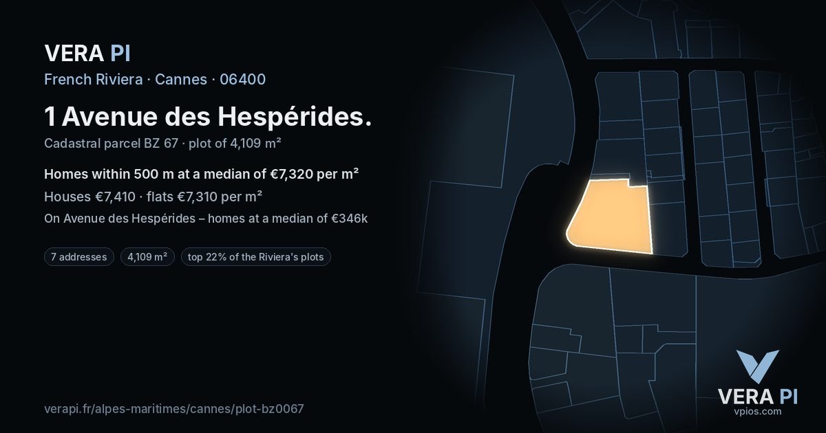 1 Avenue des Hespérides, Cannes at night – the plot lit, the parcels around coloured by the prices near them
