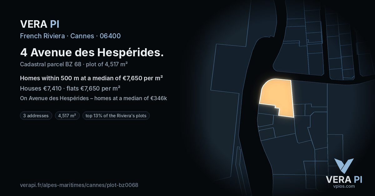 4 Avenue des Hespérides, Cannes at night – the plot lit, the parcels around coloured by the prices near them