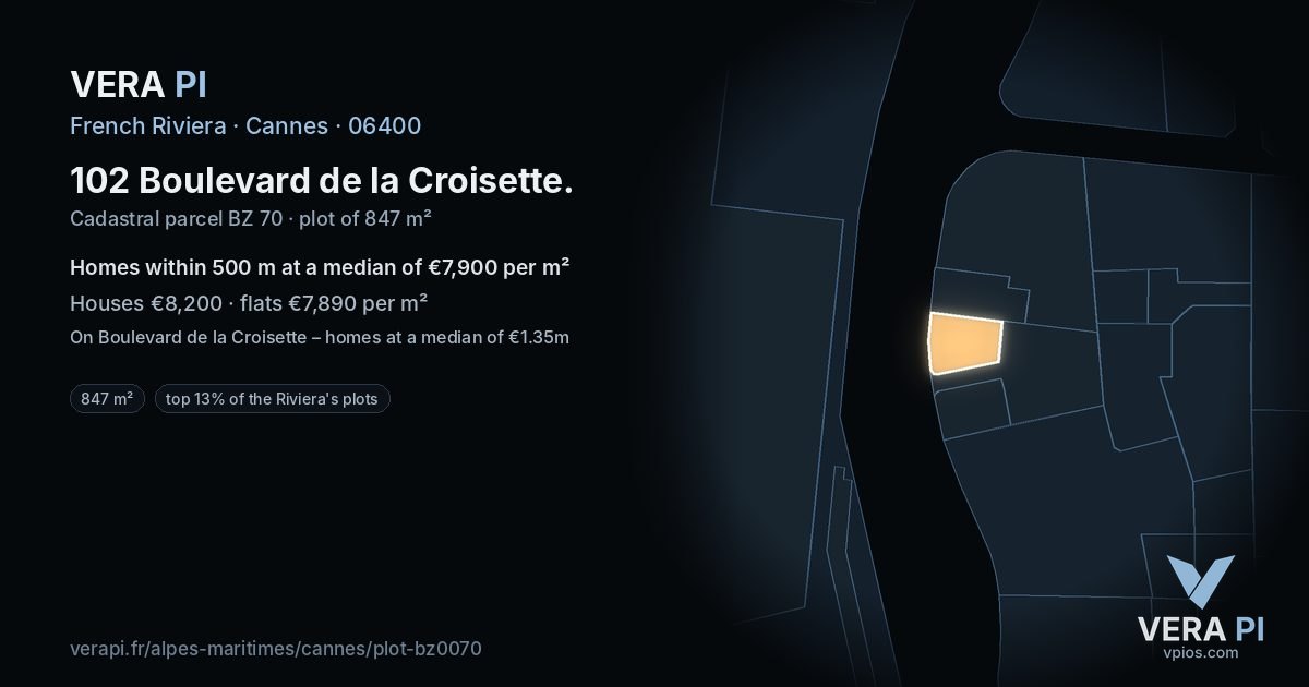 102 Boulevard de la Croisette, Cannes at night – the plot lit, the parcels around coloured by the prices near them