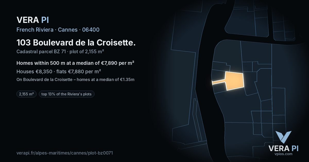 103 Boulevard de la Croisette, Cannes at night – the plot lit, the parcels around coloured by the prices near them