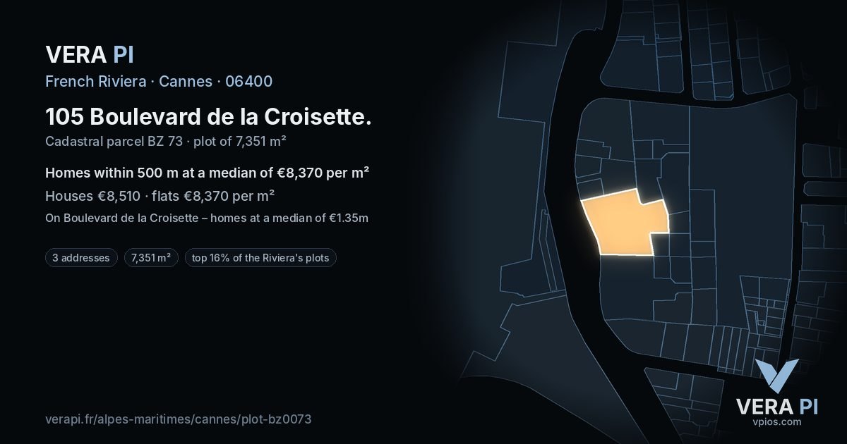 105 Boulevard de la Croisette, Cannes at night – the plot lit, the parcels around coloured by the prices near them