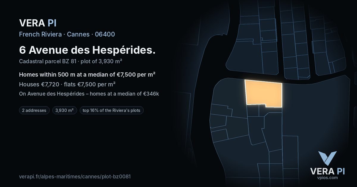 6 Avenue des Hespérides, Cannes at night – the plot lit, the parcels around coloured by the prices near them