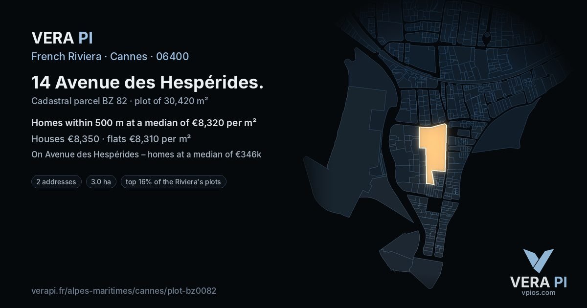 14 Avenue des Hespérides, Cannes at night – the plot lit, the parcels around coloured by the prices near them
